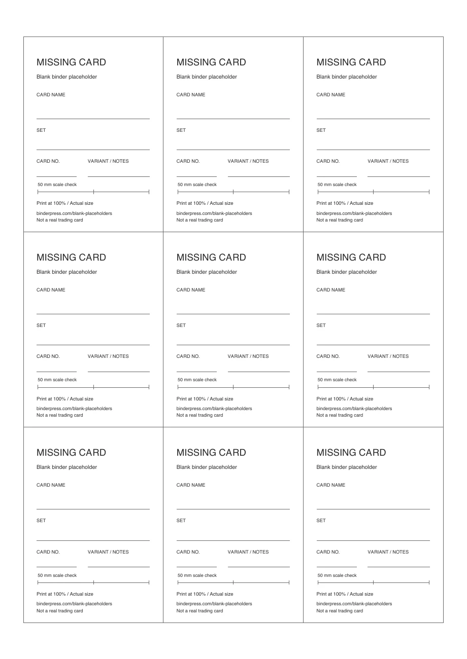 Actual A4 PDF: nine blank placeholders with card name, set, card number and variant fields